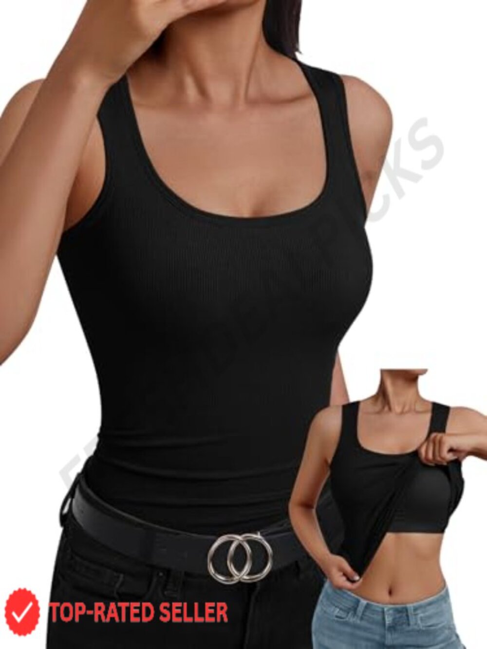 YESTTO Women's Ribbed Tank Top Built-in Bra Scoop Neck Sleeveless